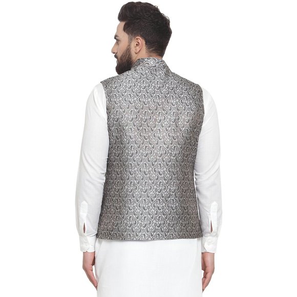 Sleeveless Traditional Brocade Silk Fabric Grey Black Nehru Jacket by Treemoda - Picture 3 of 5